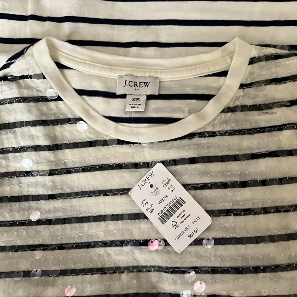 NWT J. Crew Sequin Stripe Tee Navy Blue & White XS - Picture 5 of 9